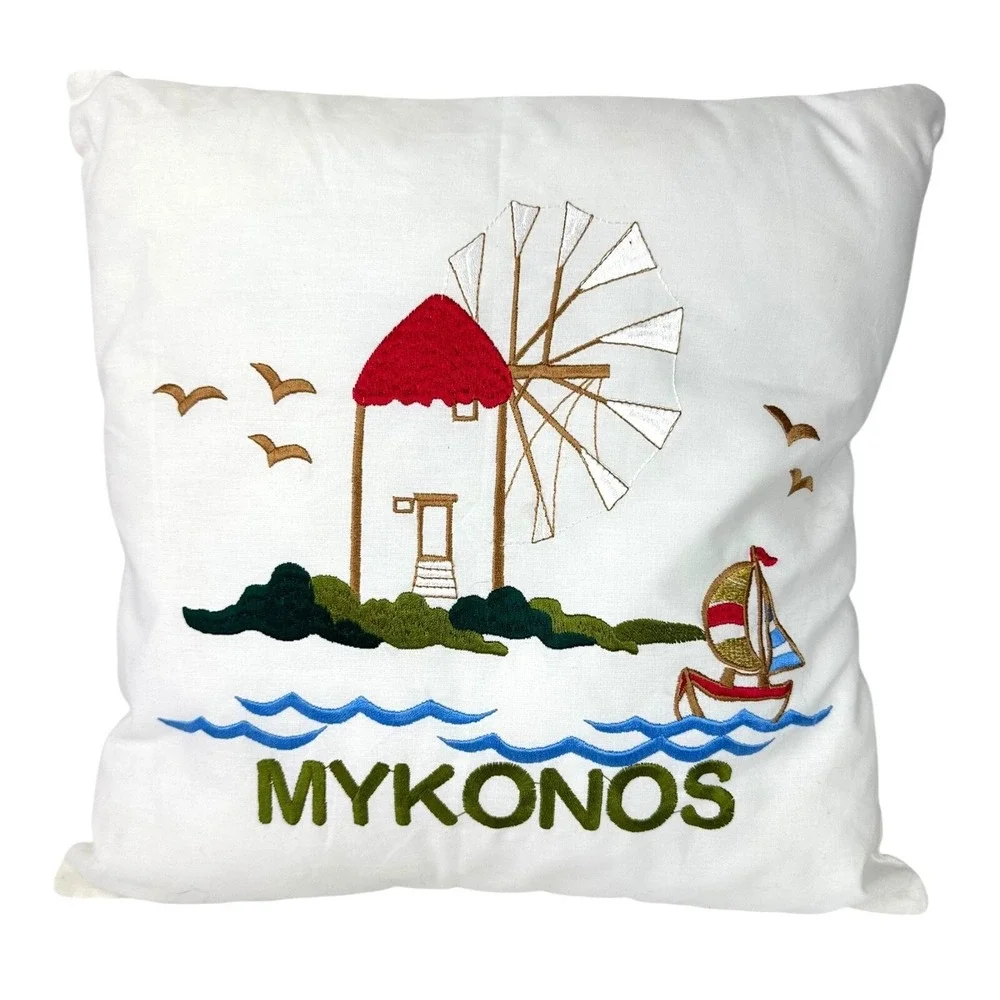Mykonos Greece Throw Pillow Cover White w/ Multicolor Stitching of Windmill